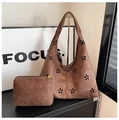 Dark brown suede tote bag with flower laser cutouts and matching pouch set - Brown