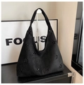 Minimalist black suede hobo shoulder bag with laser-cut floral patterns and large capacity - Black