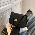 Minimalist black leather square bag with elegant golden square clasp for women - Black