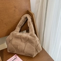Khaki brown faux fur tote bag with a checkered pattern and plush handle for winter - Coffee