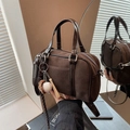 Brown suede Boston bag with dark brown patent leather straps and baseball charm - With Charm / Brown
