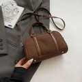 Retro dark brown matte suede bowling bag with glossy patent leather trim and silver hardware - No Pendant / Brown