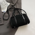Black suede and patent leather Boston bag with silver hardware and shoulder strap - No Pendant / Black