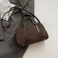 Dark brown suede Boston bag with glossy patent leather handles and adjustable shoulder strap - No Pendant / Brown