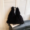Large black faux fur tote bag with leather handles for autumn and winter style - Black