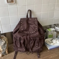 Minimalist vintage dark brown canvas backpack with silver rivets and drawstrings - Brown