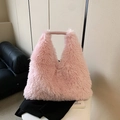 Plush light pink faux fur tote bag with matching leather handle for autumn and winter - Pink