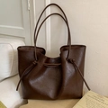 Dark brown minimalist tote bag with retro pleated texture and drawstring detail - Brown