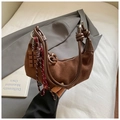 Detail of brown suede hobo bag with knotted handle and chocolate charm decoration - Coffee With Pendant