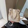 Chic cream white leather bucket bag featuring silver chain handles and a long strap - Off-white