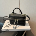 Chic black tweed box bag for women with leather trim and golden metal hardware - Black without Pendant