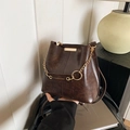Retro dark brown leather bucket bag with gold chain and thin shoulder strap - Brown