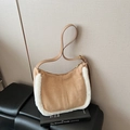 Khaki faux suede underarm bag with white faux fur trim and sleek moon shape design - Khaki