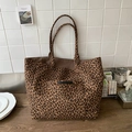 Large leopard print tote bag with brown canvas straps and functional front pocket - Brown Leopard