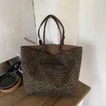 Large capacity leopard print tote bag with front pocket and durable canvas texture - Khaki Leopard