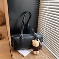 Retro black cylindrical shoulder bag with bear pendant and adjustable straps - Black with Pendant
