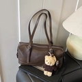 Dark brown retro Boston shoulder bag with a teddy bear pendant and silver zipper detail - Coffee with Pendant