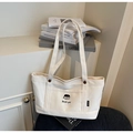 Borsa tote in tela bianco panna con ricamo di ragazza e etichetta nera laterale casual - Bianco Sporco