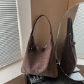 Brown vintage frosted suede tote bag with large capacity hobo design and round charm - Brown