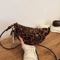 Leopard print crescent hobo bag with wooden bead charm and knotted shoulder strap - Leopard Print Brown With Pendant