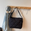 Large black quilted nylon tote bag with adjustable strap for daily work and travel - Black