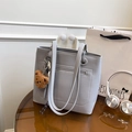 Light gray litchi texture tote bag with back zipper pocket and cute bear charm - Gray