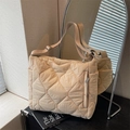 Beige quilted puffer tote bag with front zipper pocket and adjustable shoulder strap - Khaki