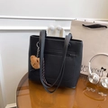 Large black lychee pattern leather tote bag with a cute brown plush bear pendant - Black