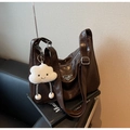 Dark brown hobo shoulder bag in wrinkled leather with a cute white cloud plush pendant - Coffee