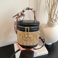 Elegant bucket bag with quilted velvet, silk handle wrap and camellia metal decoration - Khaki