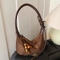 Vintage coffee brown suede hobo bag with braided shoulder strap and wooden beads - Coffee (With Charm)