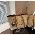 Suede texture sage green large tote bag with brown straps and plush monster pendant - Khaki Brown With Pendant