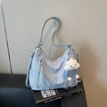 Light blue nylon hobo tote bag with fringe zippers and a cute white cloud pendant - Blue with Charm