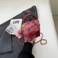 Pink tweed bucket bag with gold chain strap and cute plush charm for women - Wine Red Small
