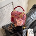 Pink and red tweed mini bucket bag with chain strap and cute plush monster charm - Wine Red Large