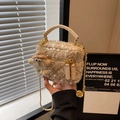 Mini champagne gold sequin tweed bag with plush charm and golden chain strap - Beige White Large