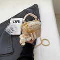 Mini beige tweed chain bag with sequins and cute white plush doll charm - Beige White Small