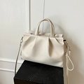 Chic pleated crossbody tote in off-white lychee grain faux leather with top handles - Off White