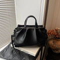 Chic black pleated tote bag in premium faux leather with dual handles and long strap - Black