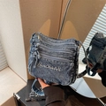 Retro washed dark grey denim crossbody bag with multiple zippers and embroidery - Dark Blue