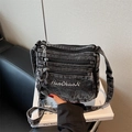 Vintage dark gray denim multi-pocket crossbody bag with HanChaoJi embroidery - Black