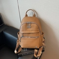Chic warm brown backpack in lychee texture with metallic ring zipper and large capacity - Khaki