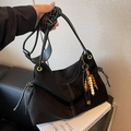 Large black suede hobo bag with contrast stitching and beaded tassel detail - Black (With Pendant)