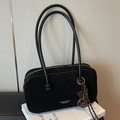 Retro black faux suede shoulder bag with long handles and a structured pillow shape - With Charm / Black