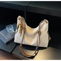 Minimalist beige suede crossbody bag with brown rope strap and decorative wooden beads - Khaki (With Pendant)