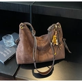 Dark brown suede hobo bag with braided rope strap and bohemian tassel details - Coffee (With Charm)