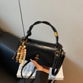 Retro black glossy crossbody bag with knot handle and decorative wooden beads - With Charm / Black