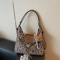 Retro leopard print canvas hobo bag with brown leather flap and teddy bear pendant - Cream White With Pendant