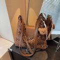 Large leopard print tote bag with brown leather straps and cute bear charm pendant - Brown with Pendant