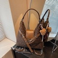 Leopard print hobo tote bag with brown leather trim and a cute plush bear pendant charm - Coffee with Pendant